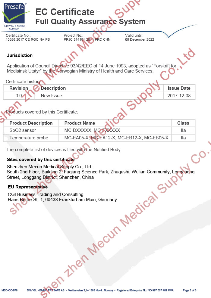 CE certificate of SpO2 Sensor and Tempreture probe 02